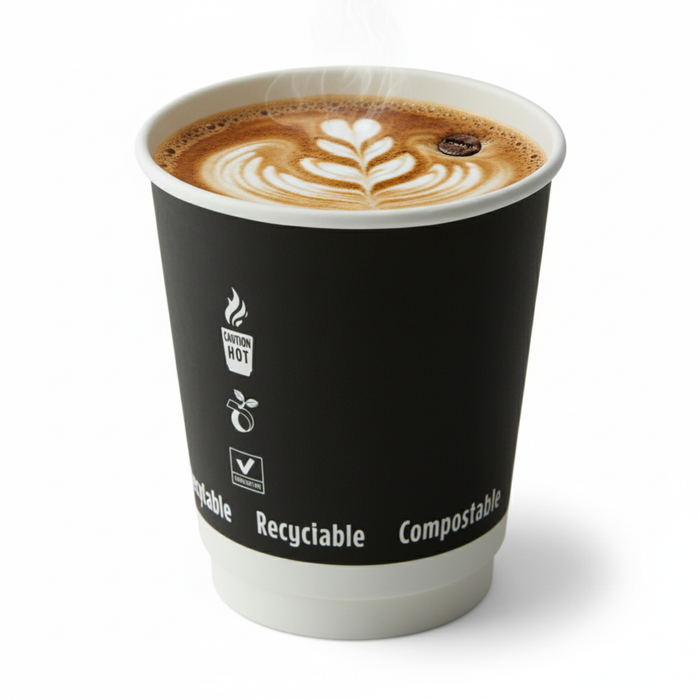 Vaso de cartón negro de doble pared sin plástico, Base agua 230ml Ø80mm A92mm - 25Uds