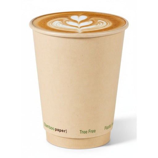 Vaso de cartón marrón de fibra de bambú de doble pared sin plástico, Base Agua 350ml A110mm - 25Uds