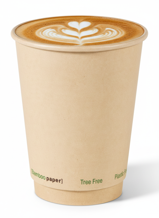 Vaso de cartón marrón de fibra de bambú de doble pared sin plástico, Base Agua 350ml A110mm - 25Uds