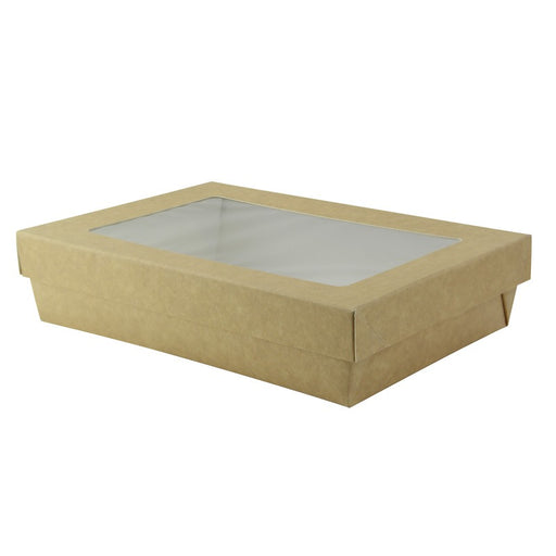 Caja rectangular de cartón marrón con tapa ventana KRAY 1500ml 225x155mm A53mm - 50Uds