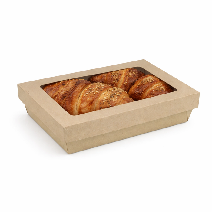 Caja rectangular de cartón marrón con tapa ventana KRAY 1500ml 225x155mm A50mm - 50Uds