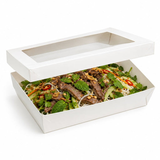 Caja rectangular de cartón blanco con tapa ventana KRAY 1500ml 225x155mm A50mm - 50Uds