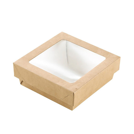 Caja cuadrada de cartón marrón con tapa ventana KRAY 350ml 115x115mm A40mm - 25Uds