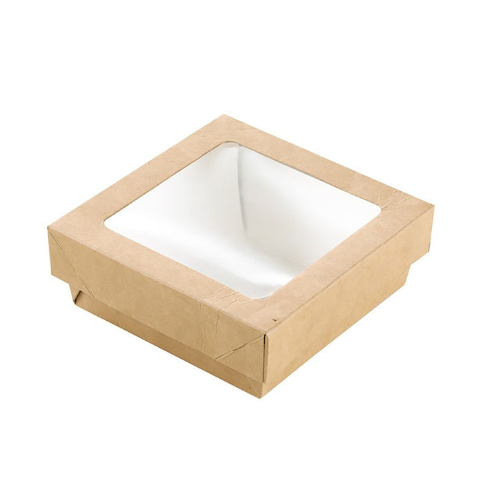 Caja cuadrada de cartón marrón con tapa ventana KRAY 350ml 115x115mm A40mm - 25Uds
