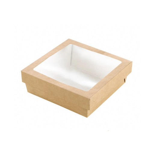 Caja cuadrada de cartón marrón con tapa ventana KRAY 950ml 155x155mm A50mm - 25Uds