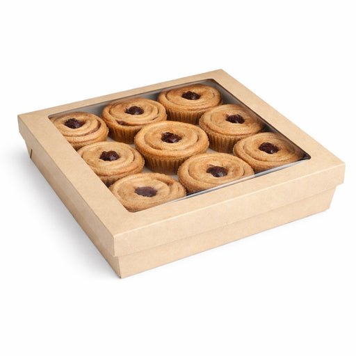 Caja cuadrada de cartón marrón con tapa ventana KRAY 4 200ml 245x245mm A80mm - 25Uds