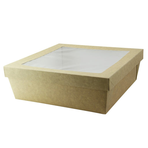 Caja cuadrada de cartón marrón con tapa ventana KRAY 4 200ml 245x245mm A80mm - 25Uds