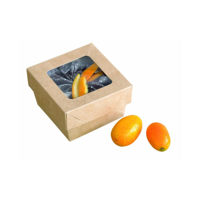 Caja cuadrada de cartón marrón con tapa ventana KRAY 200ml 85x85mm A40mm - 25Uds