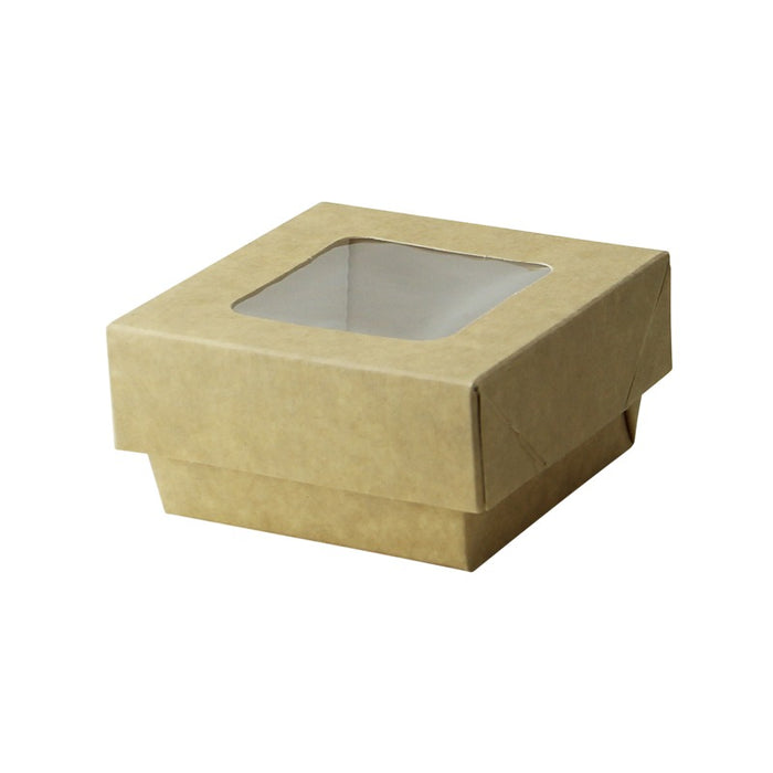 Caja cuadrada de cartón marrón con tapa ventana KRAY 200ml 85x85mm A40mm - 25Uds