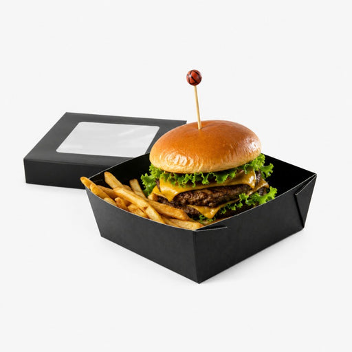 Caja cuadrada de cartón negro con tapa ventana KRAY 700ml 135x135mm A50mm - 25Uds