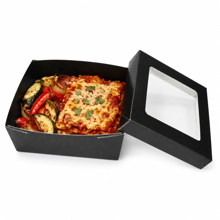 Caja cuadrada de cartón negro con tapa ventana KRAY 950ml 155x155mm A50mm - 25Uds