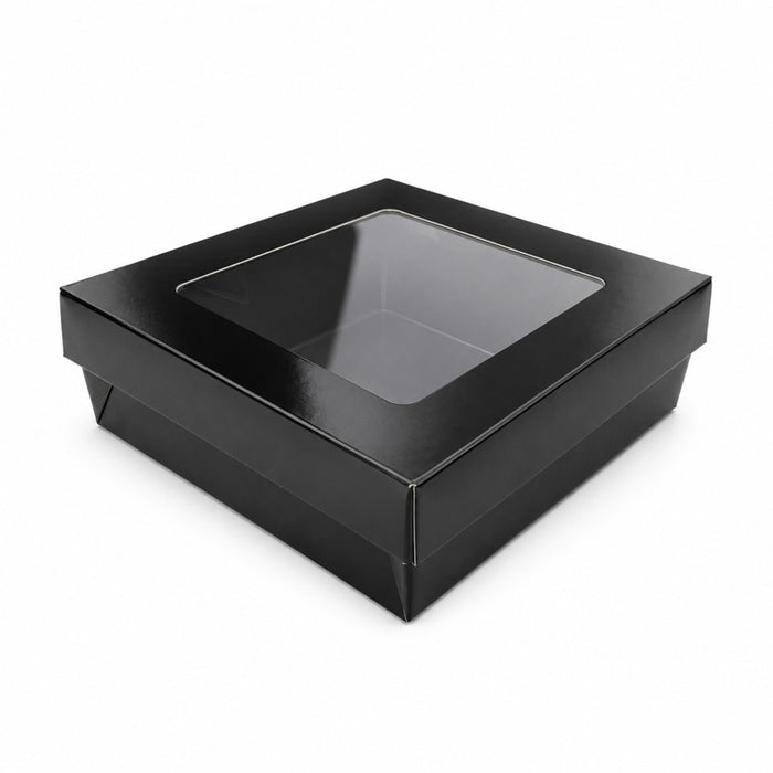 Caja cuadrada de cartón negro con tapa ventana KRAY 950ml 155x155mm A50mm - 25Uds