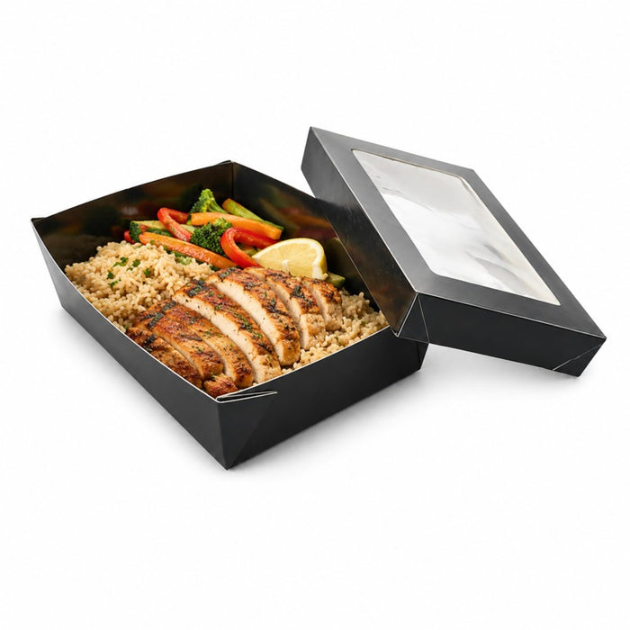 Caja rectangular de cartón negro con tapa ventana KRAY 225x155mm A50mm - 25Uds