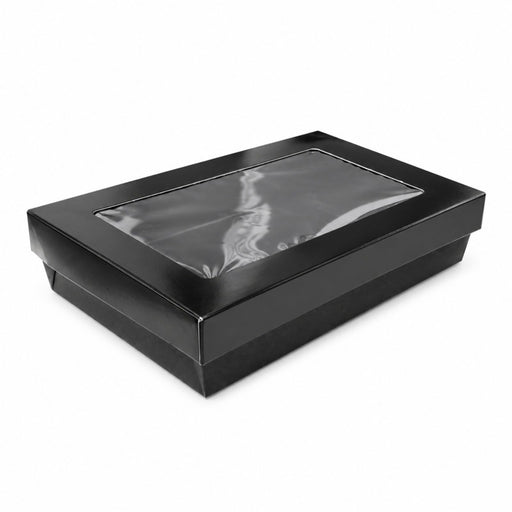 Caja rectangular de cartón negro con tapa ventana KRAY 225x155mm A50mm - 25Uds