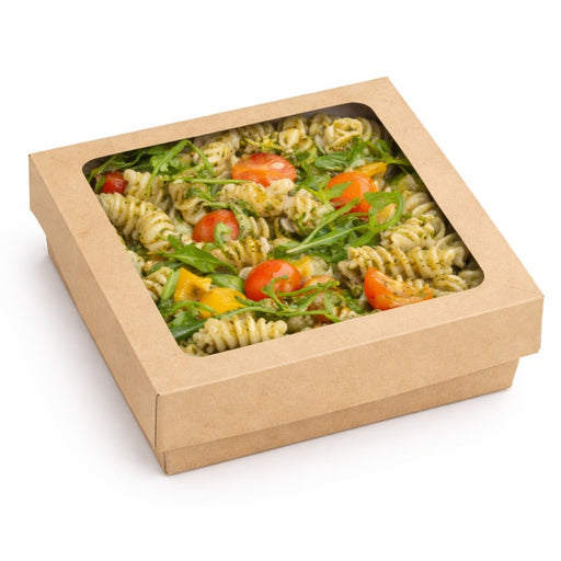 Caja cuadrada de cartón marrón con tapa ventana PLA KRAY 900ml 155x155mm A50mm - 25Uds