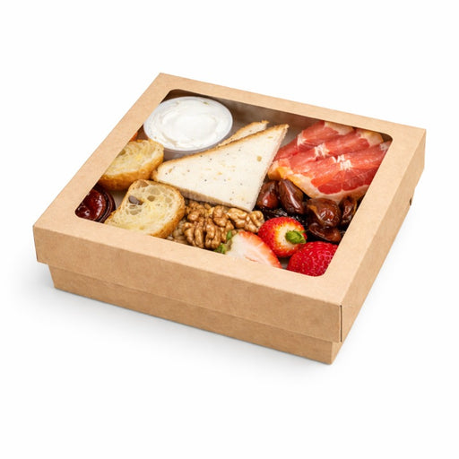 Caja cuadrada de cartón marrón con tapa ventana PLA KRAY 1300ml 205x205mm A40mm - 50Uds