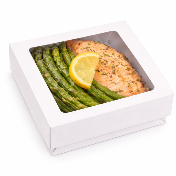 Caja cuadrada de cartón blanco con tapa ventana KRAY 950ml 155x155mm A50mm - 25Uds