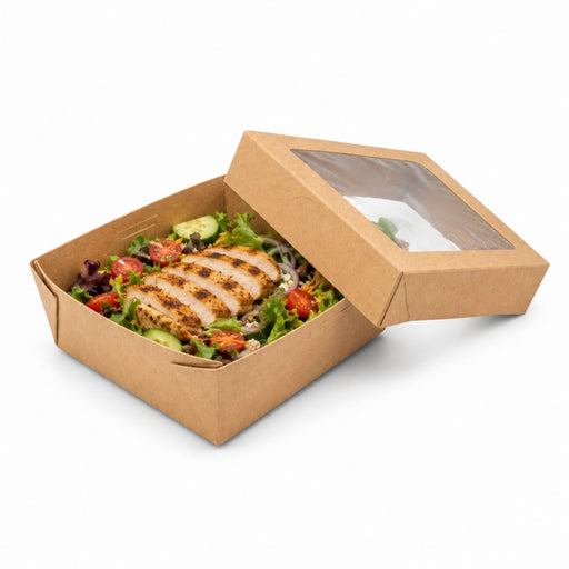Caja horneable cuadrada de cartón marrón con tapa ventana KRAY 350ml 115x115mm A50mm - 25Uds