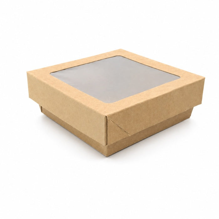 Caja horneable cuadrada de cartón marrón con tapa ventana KRAY 350ml 115x115mm A50mm - 25Uds