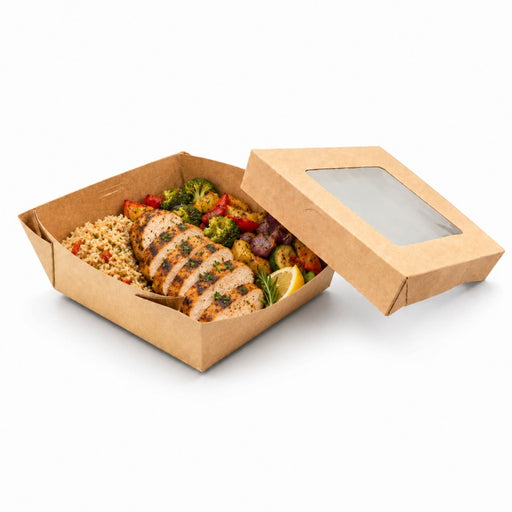 Caja horneable cuadrada de cartón marrón con tapa ventana KRAY 135x135mm A50mm - 25Uds