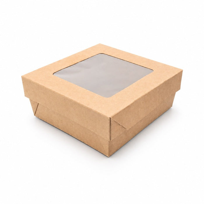 Caja horneable cuadrada de cartón marrón con tapa ventana KRAY 135x135mm A50mm - 25Uds