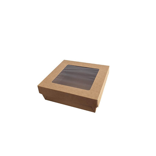 Caja horneable cuadrada de cartón marrón con tapa ventana KRAY 950ml 155x155mm A50mm - 25Uds