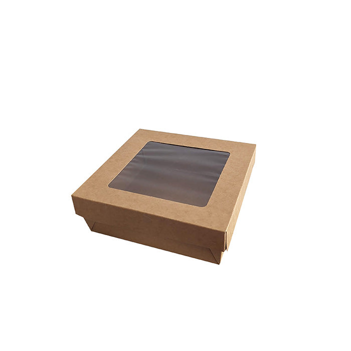 Caja horneable cuadrada de cartón marrón con tapa ventana KRAY 950ml 155x155mm A50mm - 25Uds