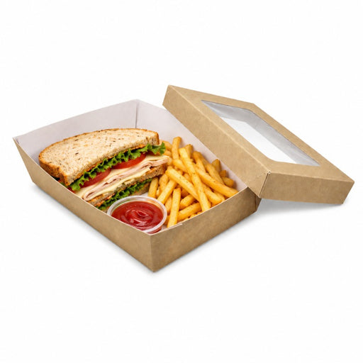 Caja horneable rectangular de cartón marrón con tapa ventana KRAY 225x155mm A50mm - 25Uds