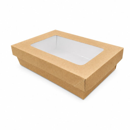 Caja horneable rectangular de cartón marrón con tapa ventana KRAY 225x155mm A50mm - 25Uds
