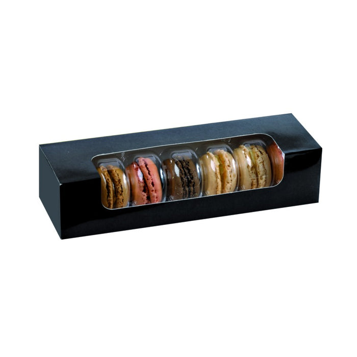 Caja de cartón negra para 7 macarrones con ventana 215x68mm A48mm - 50Uds