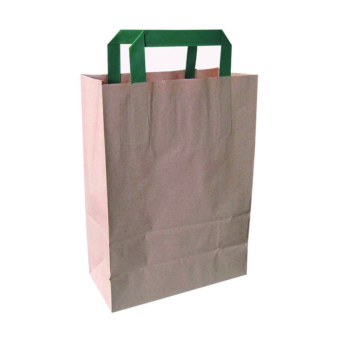 Mini bolsa de papel kraft reciclada marrón con asas verdes 200x100mm A280mm - 250Uds