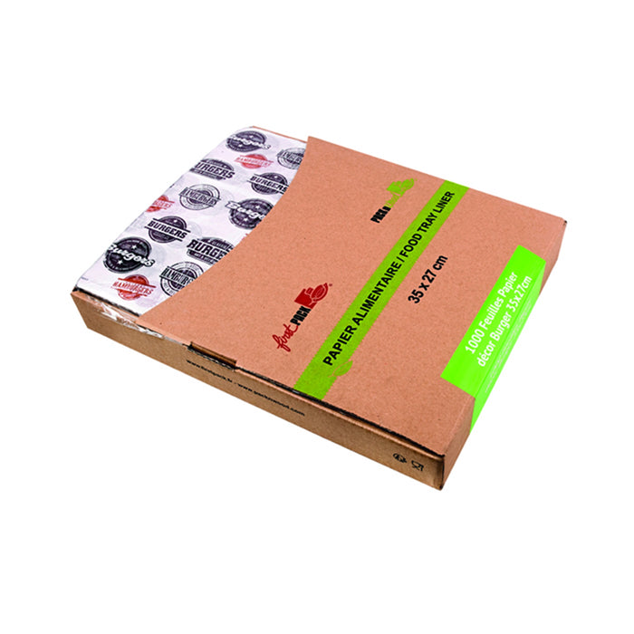 Hoja de papel blanco con diseño burger en caja dispensadora 350x270mm - 1000Uds