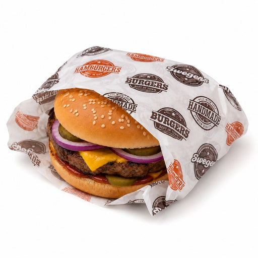 Hoja de papel blanco con diseño burger en caja dispensadora 350x270mm - 1000Uds