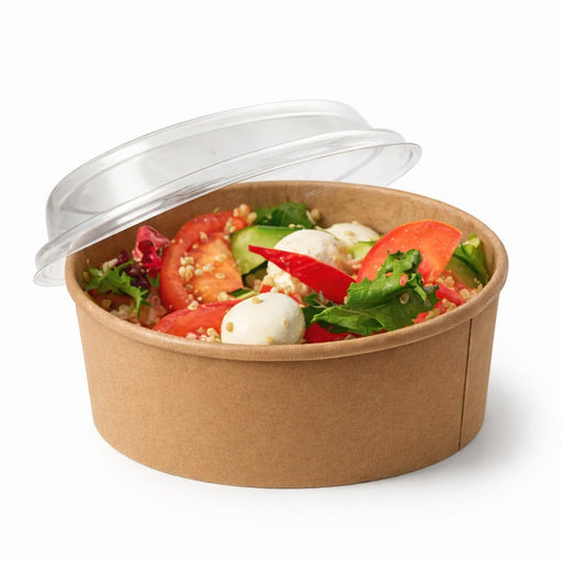 Combo Ensaladera redonda cartón kraft BUCKATY con tapa PET 1200ml Ø185mm A65mm - 25Uds