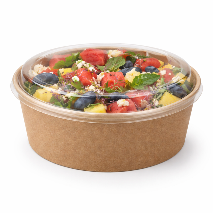 Combo Ensaladera redonda multiusos BUCKATY cartón kraft con tapa PET 550ml Ø150mm A50mm - 30Uds