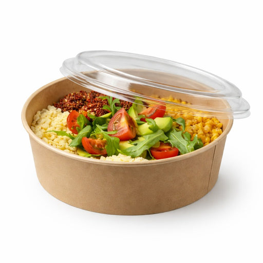 Combo Ensaladera redonda cartón kraft BUCKATY con tapa PP 1200ml Ø185mm A65mm - 25Uds