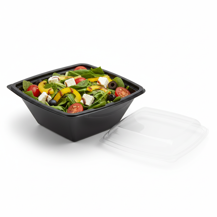 Combo Ensaladera PET cuadrada negra con Tapa 750ml 160x160mm A70mm - 100Uds