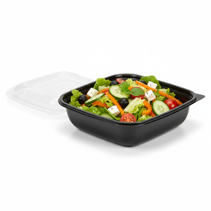 Combo Ensaladera PET cuadrada negra con Tapa 1000ml 190x190mm A55mm - 150Uds