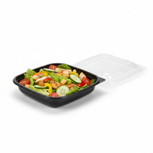 Combo Ensaladera PET cuadrada negra con Tapa 750ml 190x190mm A45mm - 150Uds