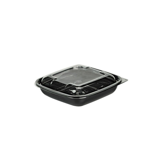 Combo Ensaladera PET cuadrada negra con Tapa 750ml 190x190mm A45mm - 150Uds