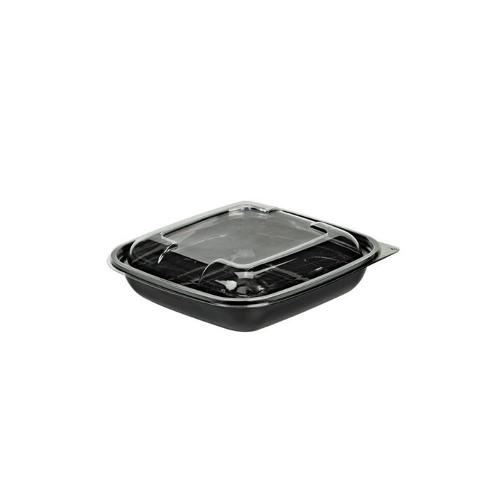 Combo Ensaladera PET cuadrada negra con Tapa 750ml 190x190mm A45mm - 150Uds