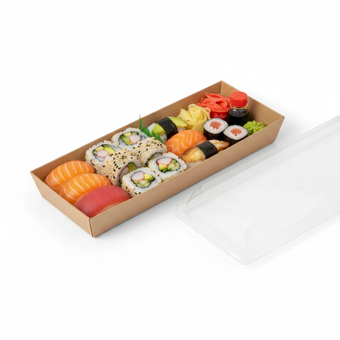 Bandeja para sushi kraft con tapa PET transparente 209x78mm A25mm - 50Uds