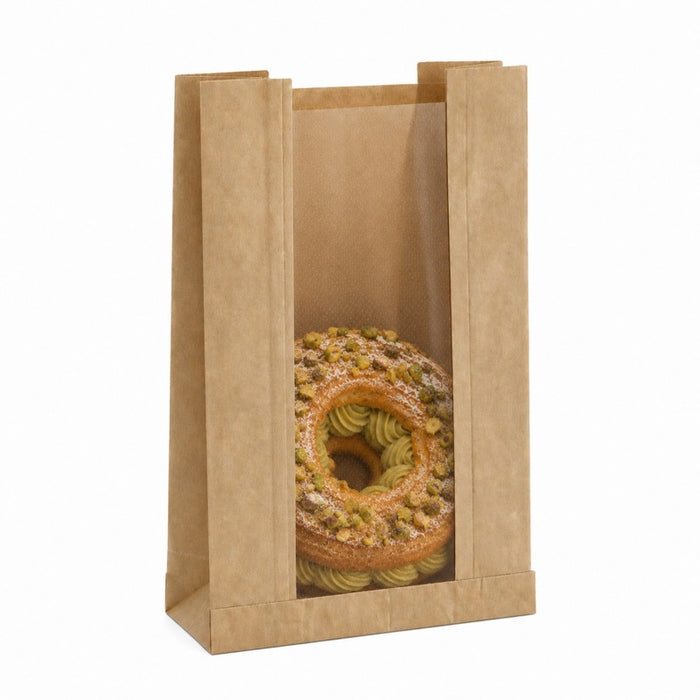 Bolsa de papel kraft marrón con ventana microperforada 180x40mm H220mm - 1000Uds