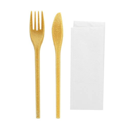 Kit cubiertos de madera 3/1: cuchillo tenedor servilleta, funda kraft A250mm - 50Uds