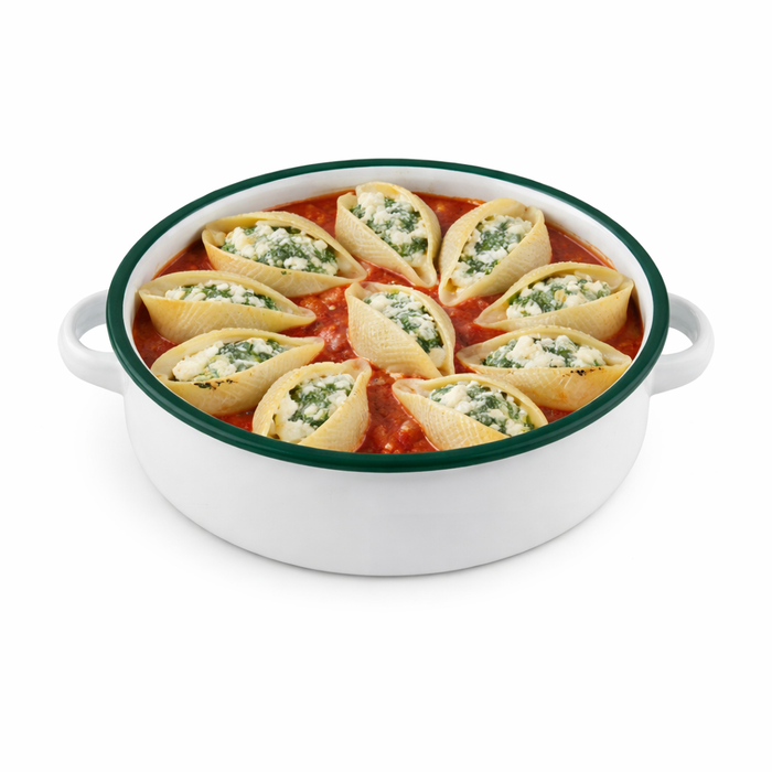 Fuente redonda con asas de acero esmaltado blanco Enamely con borde verde 1000ml Ø180mm A50mm - 12Uds