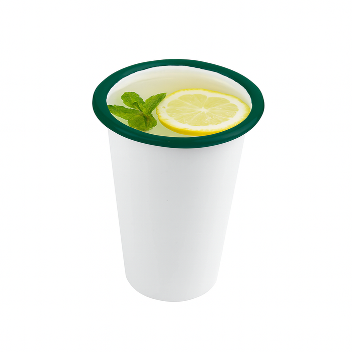 Vaso blanco en acero esmaltado con borde verde 300ml A90mm - 12Uds
