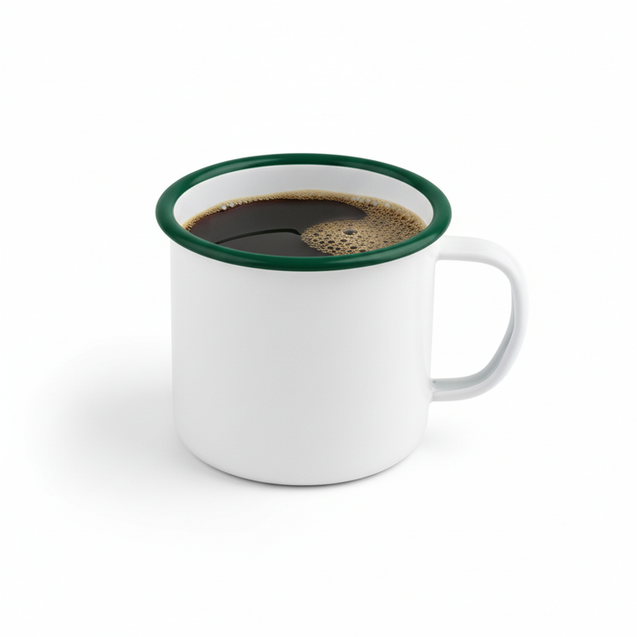 Taza de acero esmaltado blanco Enamely con borde verde 250ml A70mm - 12Uds
