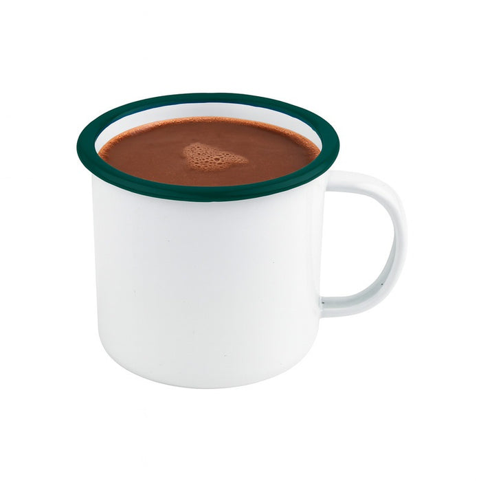 Taza de acero esmaltado blanco Enamely con borde verde 350ml A75mm - 12Uds