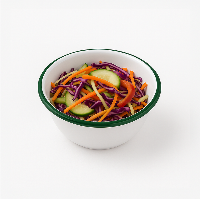 Cuenco de acero esmaltado blanco Enamely con borde verde y plano 470ml Ø140mm A70mm - 12Uds