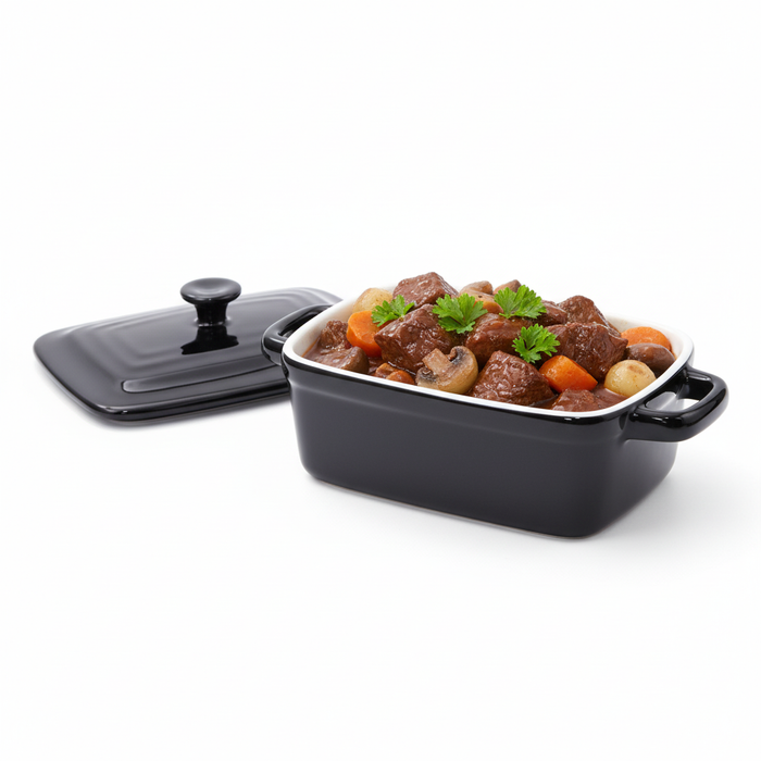 Mini olla negra rectangular de porcelana con tapa 190ml 155x85mm A70mm - 12Uds